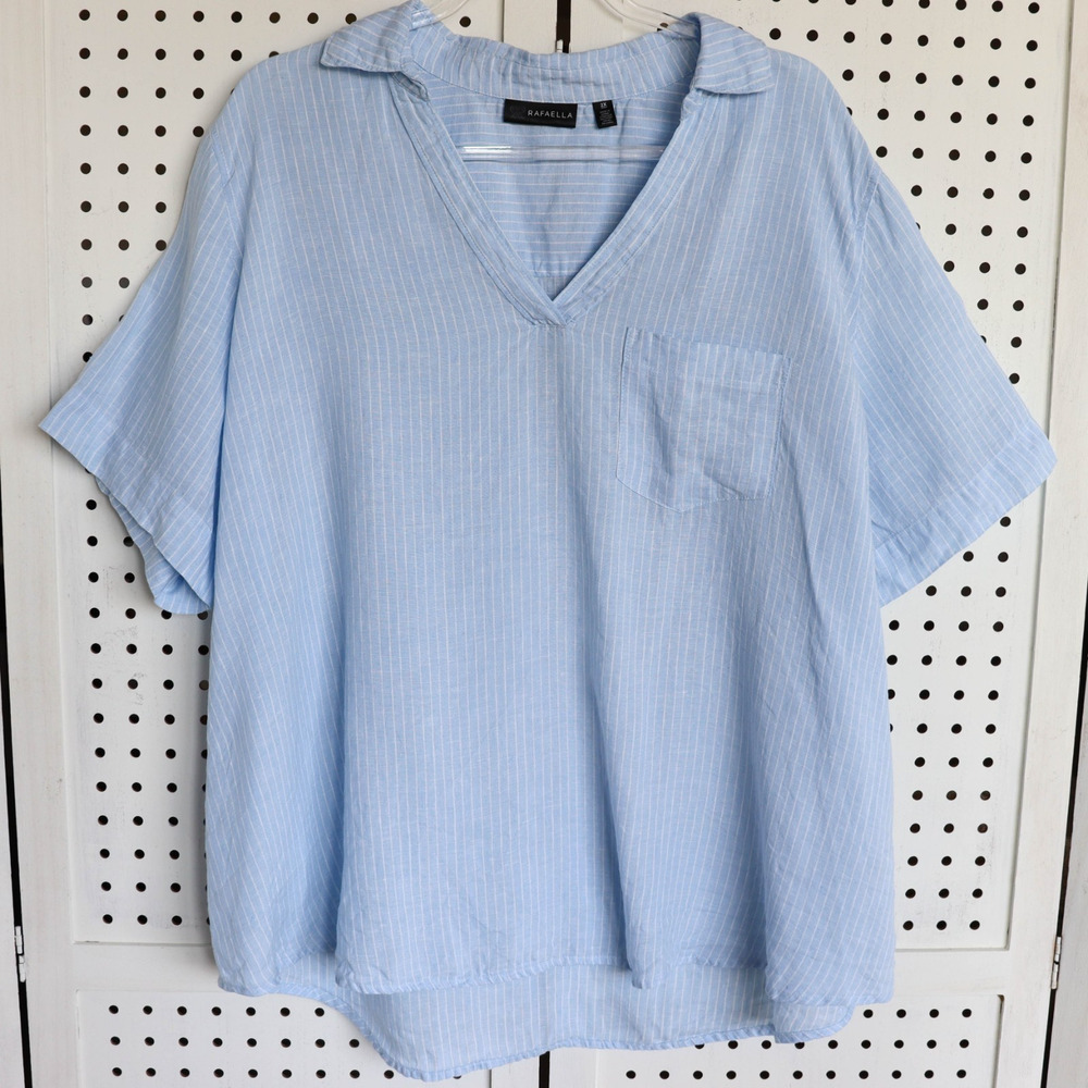 Rafaella Blue Striped 100% Linen V Neck Tunic Top Womens SIZE 2X